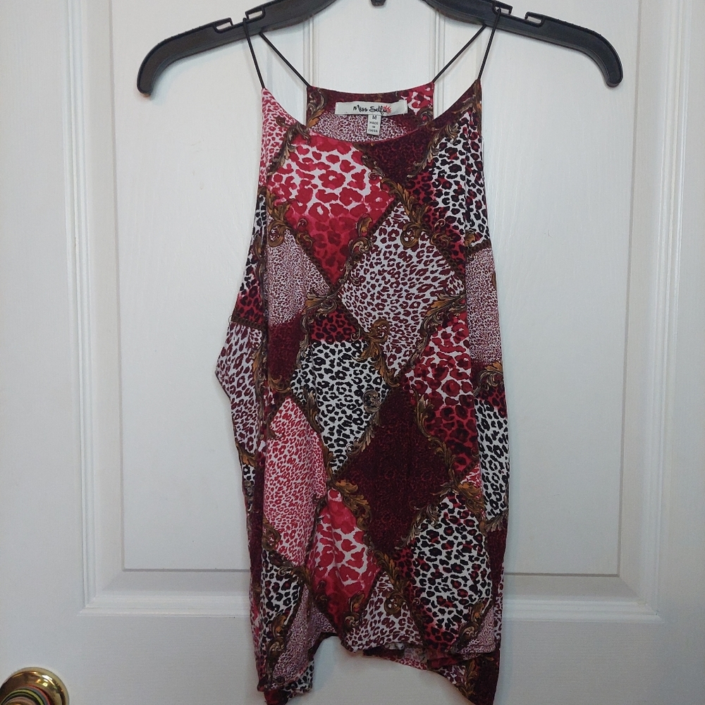Miss Selfie Red White Animal Print Cheetah Sleeveless Tunic Tank Bold Size M